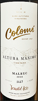 Colome 2018 Altura Maxima Malbec